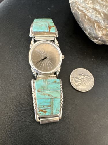 Navajo Men's Blue Turquoise Inlay Watch Tips Band | Sterling Silver | Multi-Stone | 17588