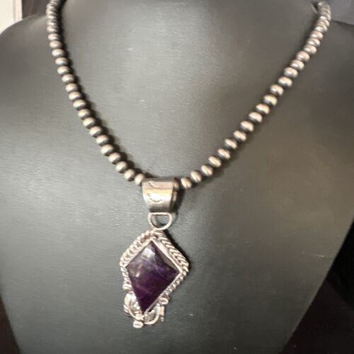 Navajo Pearls Purple Sugilite Pendant Necklace | Sterling Silver Beads | Authentic Native American Handmade | 15377