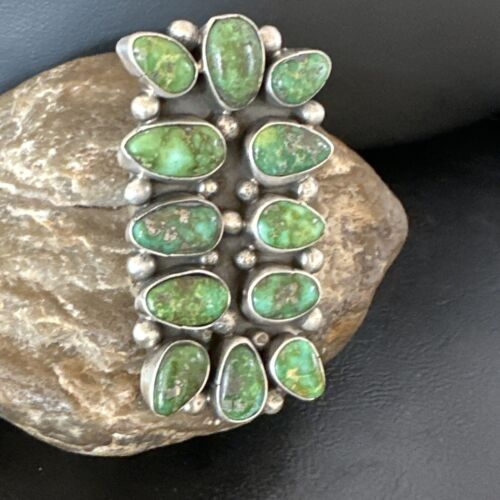 Navajo Green Sonoran Gold Turquoise Cluster Ring |Authentic Native American Sterling Silver | Multi-Stone | Sz 9 | 16028
