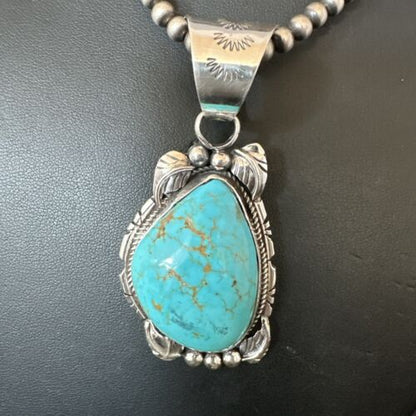 Navajo Men's Blue Kingman Turquoise Pendant Necklace | Sterling Silver | Authentic Native American Handmade | 17477