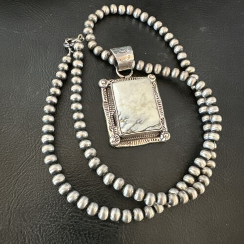 White Buffalo Turquoise Pendant | Navajo Pearls Sterling Silver Necklace | Authentic Native American Handmade | 17104
