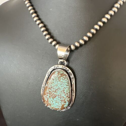 Navajo Blue Turquoise #8 Pendant | Sterling Silver Necklace with Pearls | Authentic Native American Handmade | 16347