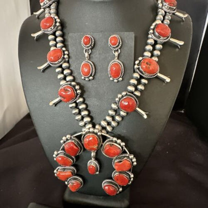 Red Coral Naja Pendant | Sterling Silver Squash Blossom Necklace & Earrings | Native American | 17048
