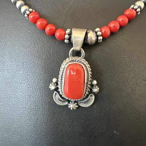 Southwestern Navajo Red Coral Pendant Necklace | Sterling Silver Pearls | 21" | 17538