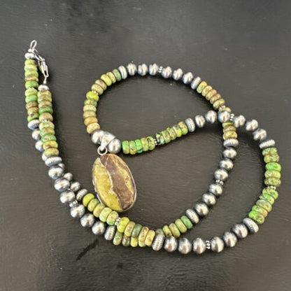 Navajo Green Turquoise Pendant Necklace | Sterling Silver | Authentic Native American Handmade | 16920