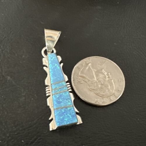 Navajo Blue Opal Inlay Pendant Necklace | Sterling Silver | Authentic Native American Handmade | 15671