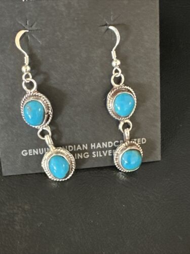 Kingman Turquoise Dangle Earrings | Navajo Sterling Silver | Authentic Native American Handmade | 14869