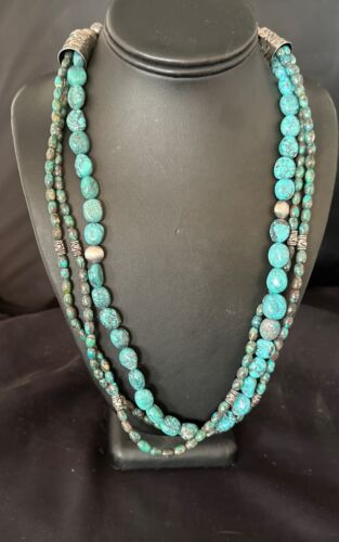 Navajo Spiderweb Turquoise Necklace | 3 Strands | Sterling Silver | 24" | Authentic Native American Handmade | 17403