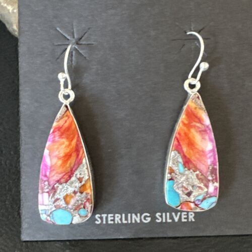 Navajo Red Spiny Oyster Turquoise Inlay Dangle Earrings | Sterling Silver | Authentic Native American Handmade | 15559
