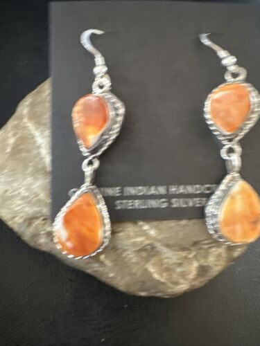 Navajo Orange Spiny Oyster Dangle Earrings | Sterling Silver | 1.5" | Authentic Native American Handmade | 16573
