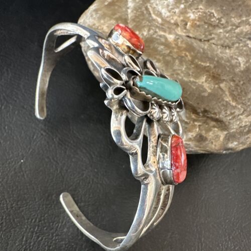 Navajo Kingman Turquoise Spiny Cuff Bracelet | Sterling Silver Tufa Cast | Authentic Native American Handmade | 16775