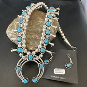 Navajo Kingman Turquoise Shadowbox Squash Blossom Necklace | Sterling Silver | Authentic Native American Handmade | 16091