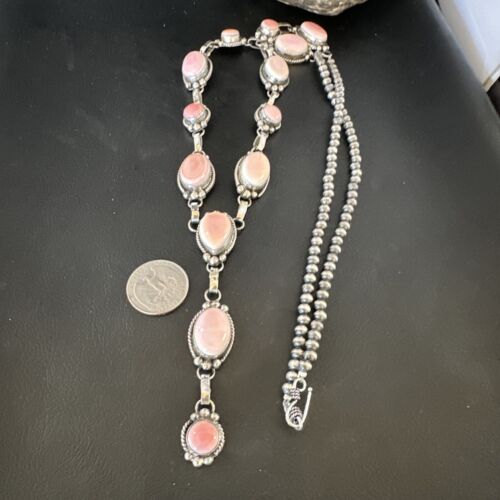 Navajo Pink Conch Lariat Necklace | Sterling Silver Pendant | 30" | Authentic Native American Handmade | 15869