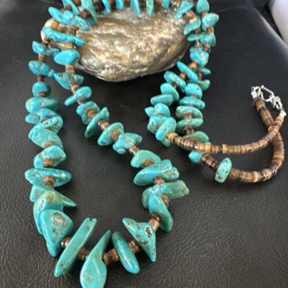 Navajo Blue Kingman Nugget Turquoise Necklace | Sterling Silver | 36" | Authentic Native American Handmade | 15286