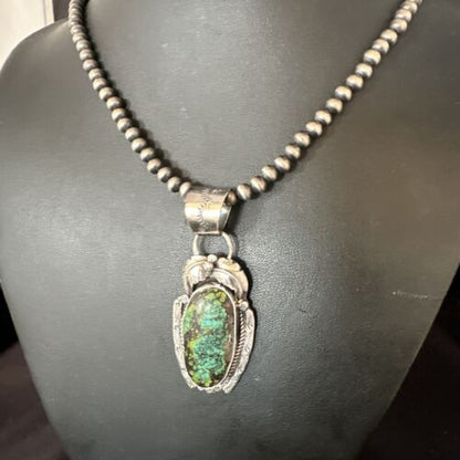 Navajo Blue Spiderweb Turquoise Pendant Necklace | Sterling Silver Pearls | Authentic Native American Handmade | 15094