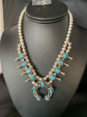 Navajo Kingman Turquoise Squash Blossom Necklace | Sterling Silver | Authentic Native American Handmade | 13678
