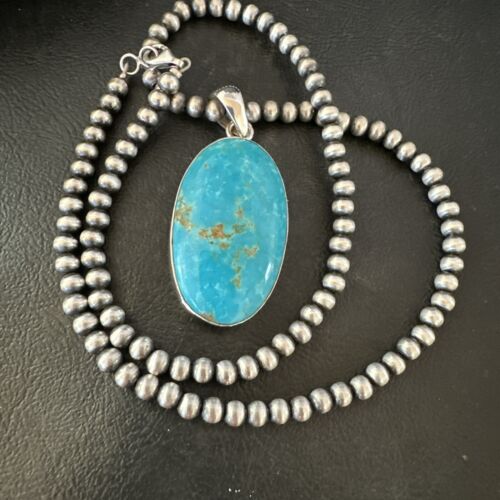 Blue Kingman Turquoise Pendant | Navajo Pearls | Sterling Silver Necklace 20" | 16991