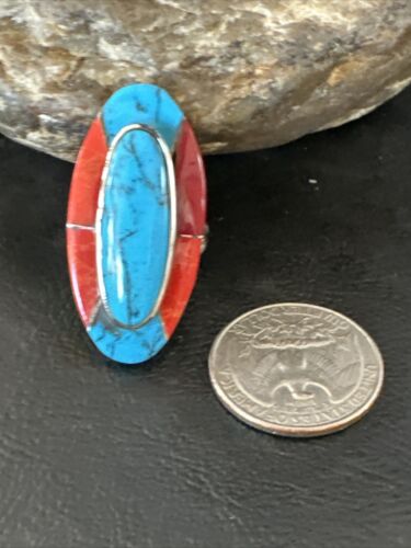 Native American Navajo Blue Turquoise Spiny Oyster Inlay Band Ring | Sz 9 | 16431