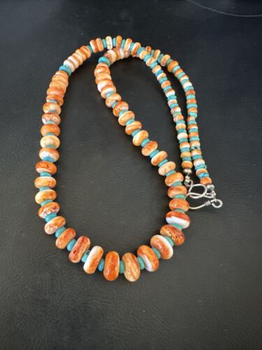 Navajo Orange Spiny Blue Turquoise Necklace | Sterling Silver | 23" | Authentic Native American Handmade | 17544