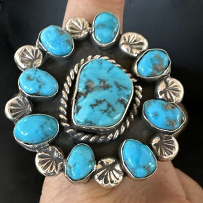 Navajo Blue Kingman Turquoise Cluster Ring | Authentic Native American Sterling Silver | Multi-Stone | Sz 10.5 | 17423