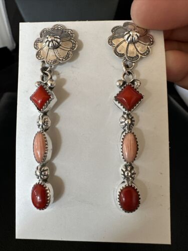 Navajo Red Pink Coral Mother of Pearl Dangle Earrings | Sterling Silver | Authentic Native American Handmade | 15327