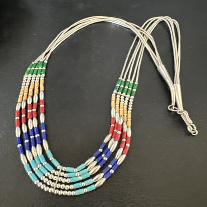 Multicolor Lapis Coral Heishi Liquid Sterling Silver Necklace | 5 Strand | 20" | 15886