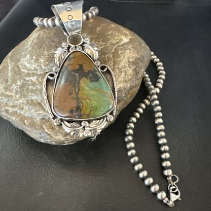 Men's Navajo Green Turquoise Pendant Necklace | Sterling Silver | Authentic Native American Handmade | 17532