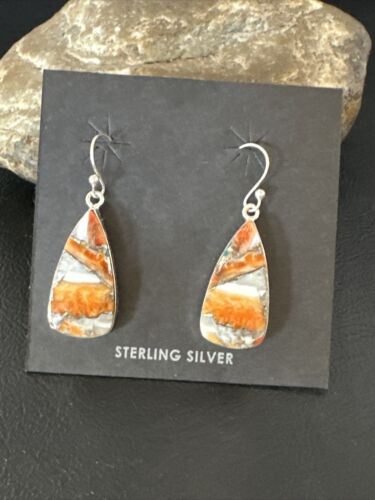 Navajo Blue Turquoise & Orange Spiny Oyster Inlay Dangle Earrings | Sterling Silver | 15583