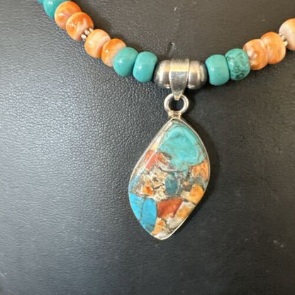 Navajo Spiny Turquoise Pendant Necklace | Sterling Silver | 21" | Authentic Native American Handmade | 17517