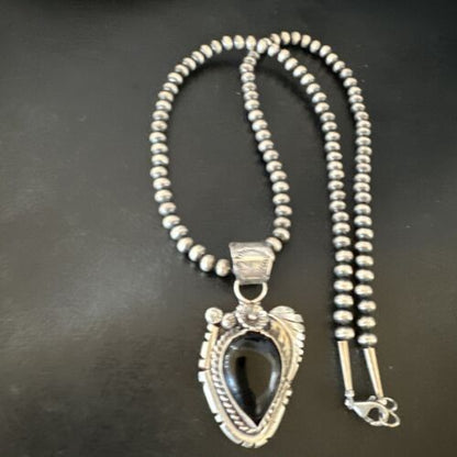 Navajo Pearls Black Onyx Necklace | Sterling Silver | Authentic Native American Handmade | 16130