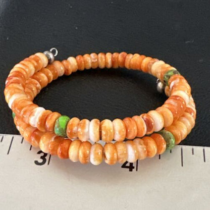 Navajo Orange Spiny Oyster & Green Turquoise Bracelet | 6mm Memory Wire | Authentic Native American Handmade | 17622