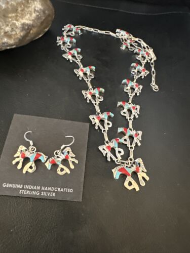 Navajo Turquoise Coral Mother of Pearl Horse Inlay Necklace & Earrings Set | Sterling Silver | Authentic Native American Handmade