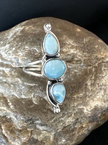 Navajo Women's Cluster Blue Larimar Multi-Stone Ring | Authentic Native American Sterling Silver | Sz 7 | 16162