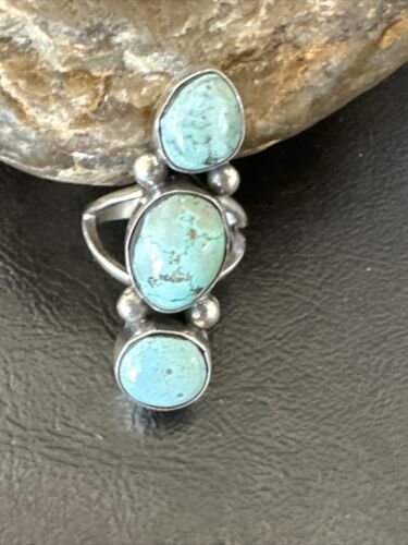 Navajo Blue Dry Creek Turquoise Cluster Ring | Authentic Native American Sterling Silver | Multi-Stone | Sz 8.5 | 17839