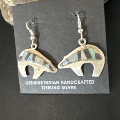 Navajo Onyx White Opal Inlay Dangle Earrings | Sterling Silver | Authentic Native American Handmade | 15352