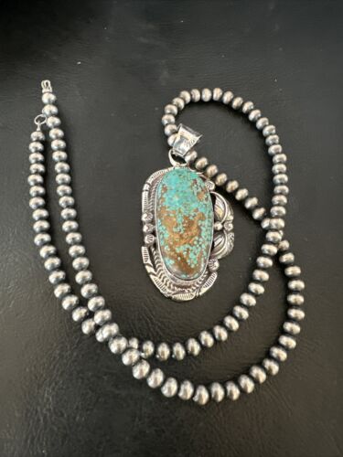 Navajo Blue Turquoise #8 Pendant | Sterling Silver Necklace with Pearls | Authentic Native American Handmade | 15903
