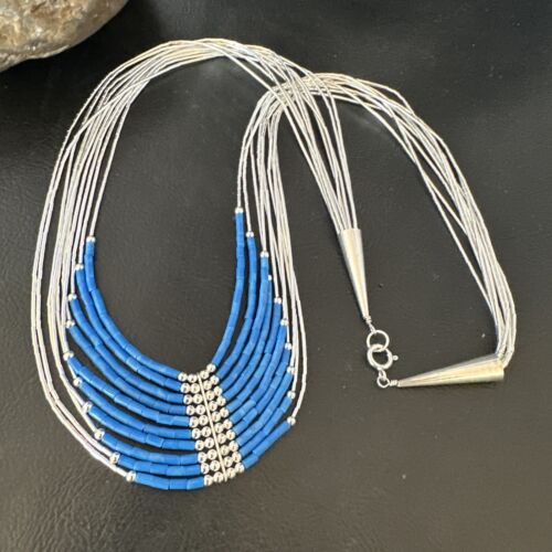 Navajo Denim Lapis Heishi Necklace | 10 Strand Sterling Liquid Silver Tube | 22" | 16319