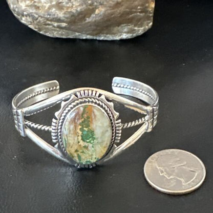 Navajo Green Boulder Turquoise Cuff Bracelet | Sterling Silver | Authentic Native American Handmade | 16245