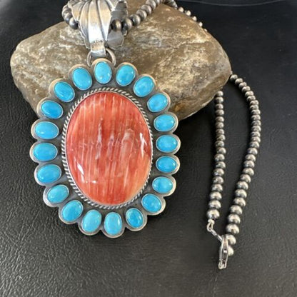 Navajo Kingman Turquoise & Red Spiny Oyster Pendant | Sterling Silver | Authentic Native American Handmade | 15449