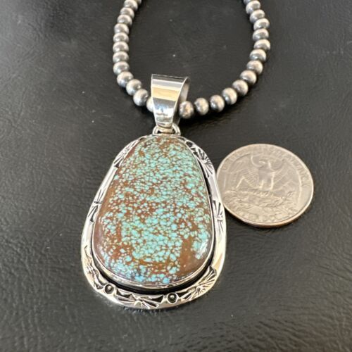 Navajo Blue Turquoise #8 Pendant | Sterling Silver Necklace with Pearls | Authentic Native American Handmade | 16347