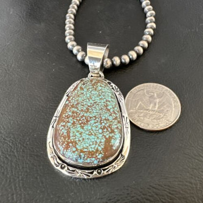 Navajo Blue Turquoise #8 Pendant | Sterling Silver Necklace with Pearls | Authentic Native American Handmade | 16347