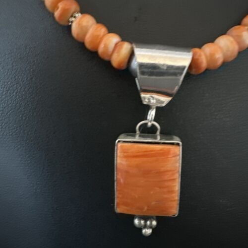 Navajo Pearls Necklace with Orange Spiny Oyster Pendant | Sterling Silver | Authentic Native American Handmade | 17050