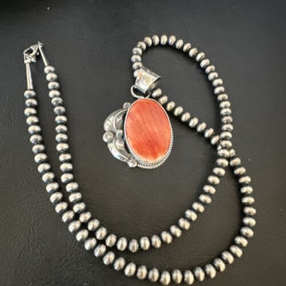 Navajo Red Spiny Oyster Pendant Necklace | Sterling Silver | Authentic Native American Handmade | 15633