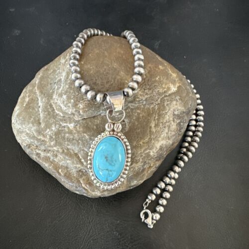 Navajo Pearls Kingman Turquoise Pendant Necklace | Sterling Silver | Authentic Native American Handmade | 17134