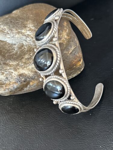 Navajo Sterling Silver Cuff Bracelet | Black Onyx 5 Stone | Authentic Native American Handmade | 14519