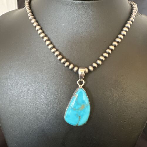 Navajo Blue Kingman Turquoise Pendant with Pearls | Sterling Silver Necklace | 20" | 16702