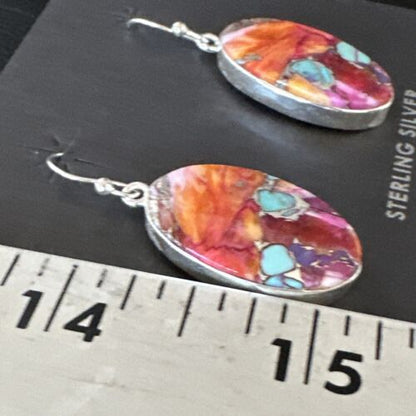 Navajo Blue Turquoise Red Spiny Oyster Inlay Dangle Earrings | Sterling Silver | Authentic Native American Handmade | 15562 - Masha USA