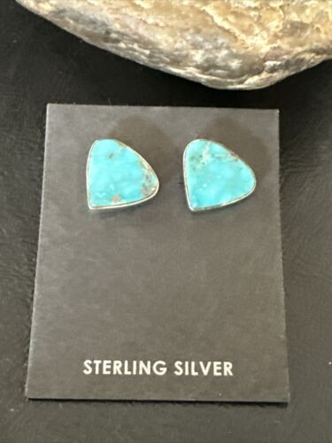 Navajo Blue Kingman Turquoise Post Stud Earrings | Sterling Silver | Authentic Native American Handmade | 17480