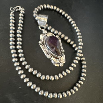 Navajo Purple Sugilite Pendant with Pearls | Sterling Silver Bead Necklace | Authentic Native American Handmade | 15413