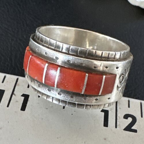 Navajo Coral Inlay Ring | Sterling Silver | Sz 11 | Authentic Native American Handmade | 15912